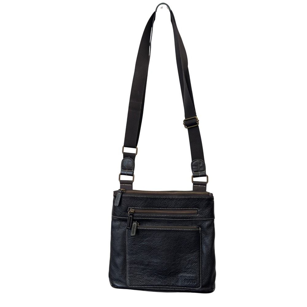 Roots Black Pebbled Leather Brown Canvas Crossbody Messenger Bag Adjustable